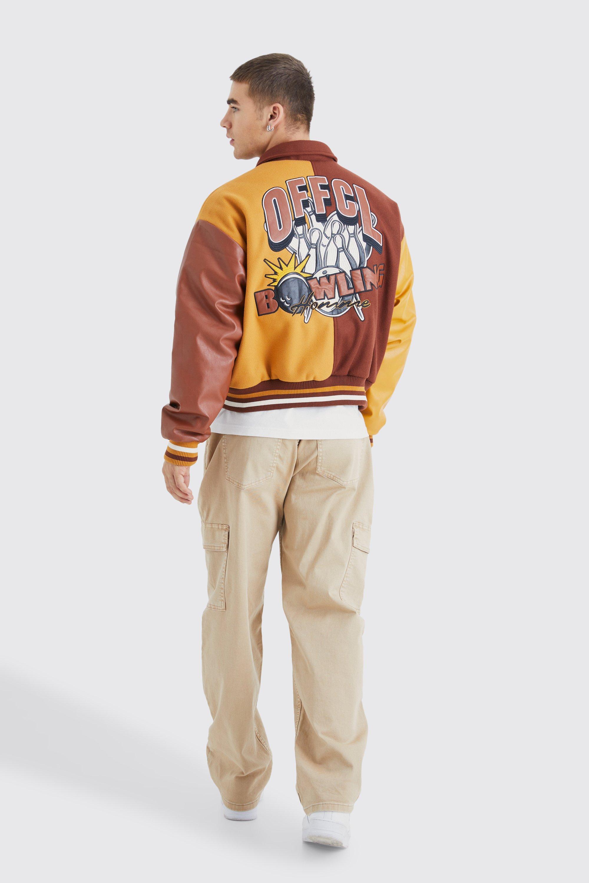 Boxy Spliced Melton & Pu Varsity Jacket